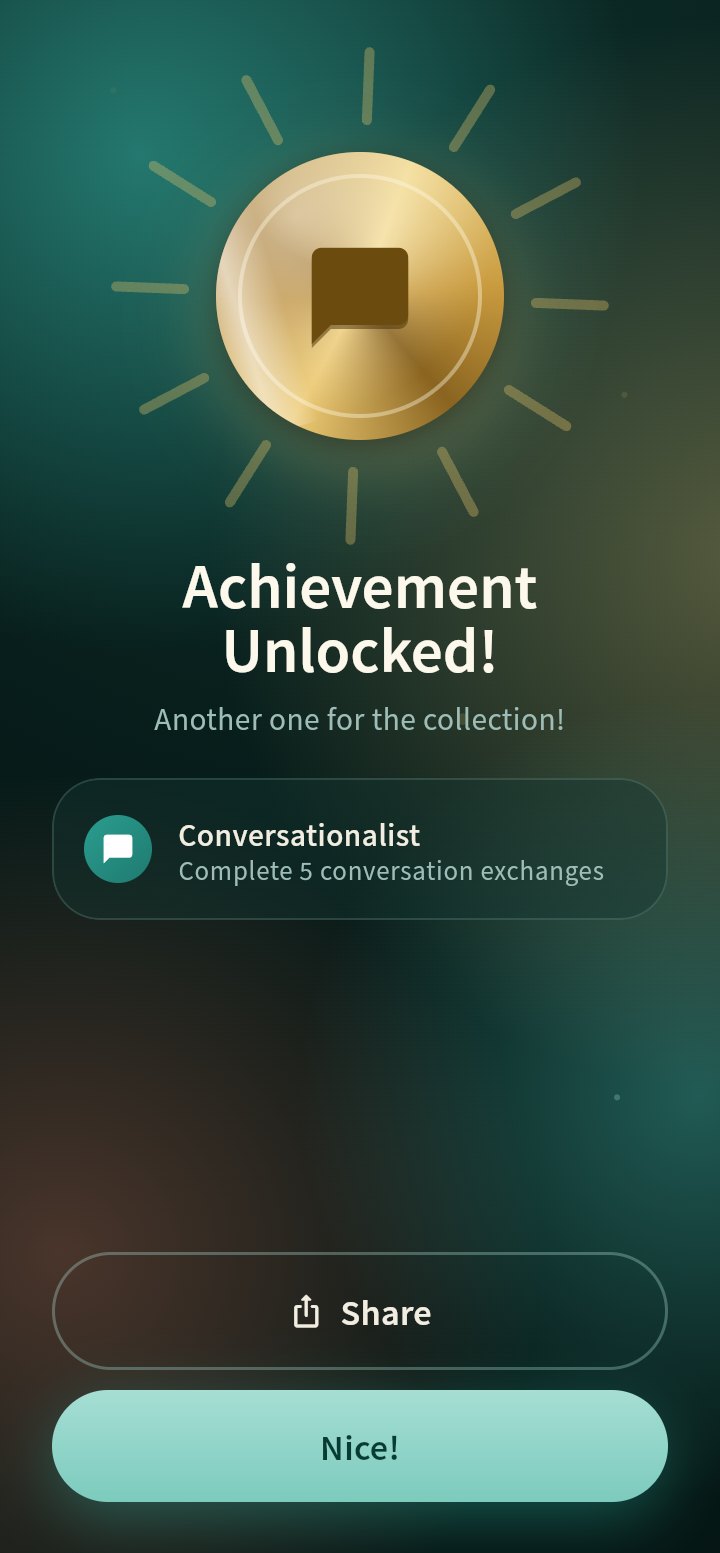 A full-screen Achievement Unlocked celebration: a gold medal with light rays, the Conversationalist badge for completing five conversation exchanges, and Share and Nice! buttons.