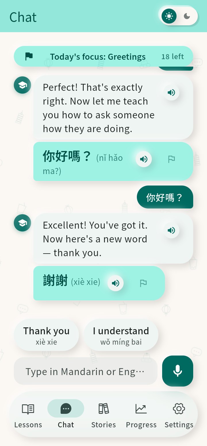 CiaoSpeak's AI teacher mid-conversation: it praises a correct 你好, asks 你好嗎 (how are you?), and offers tappable reply suggestions with pinyin.