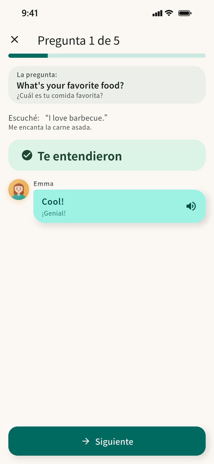 Pantalla de Hablar en CiaoSpeak: Emma pregunta "What's your favorite food?", respondes "I love barbecue." y la app muestra "Te entendieron".