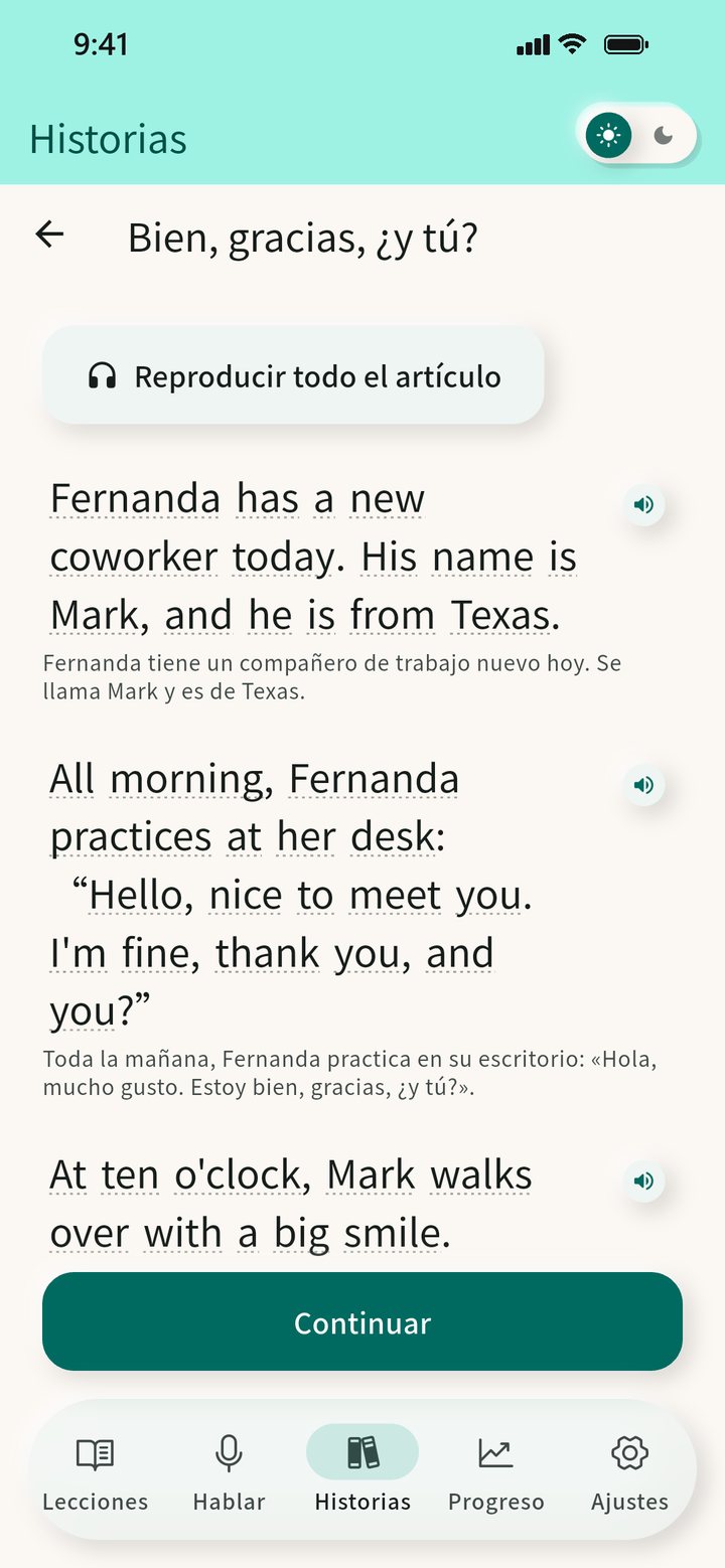 Una historia en inglés en CiaoSpeak: cada párrafo en inglés con su traducción al español debajo.
