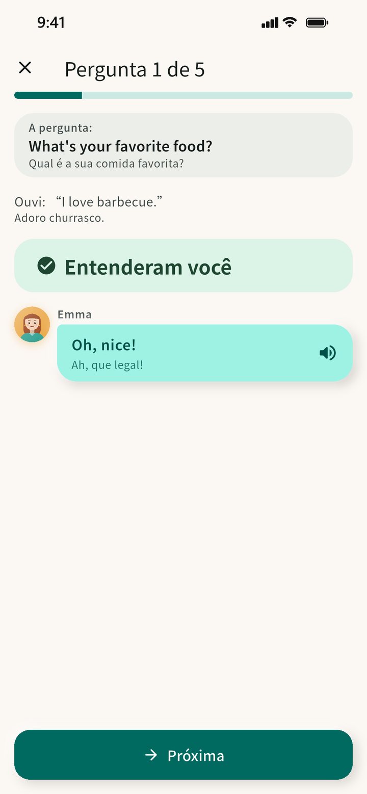Tela de Falar no CiaoSpeak: Emma pergunta "What's your favorite food?", você responde "I love barbecue." e o app mostra "Entenderam você".