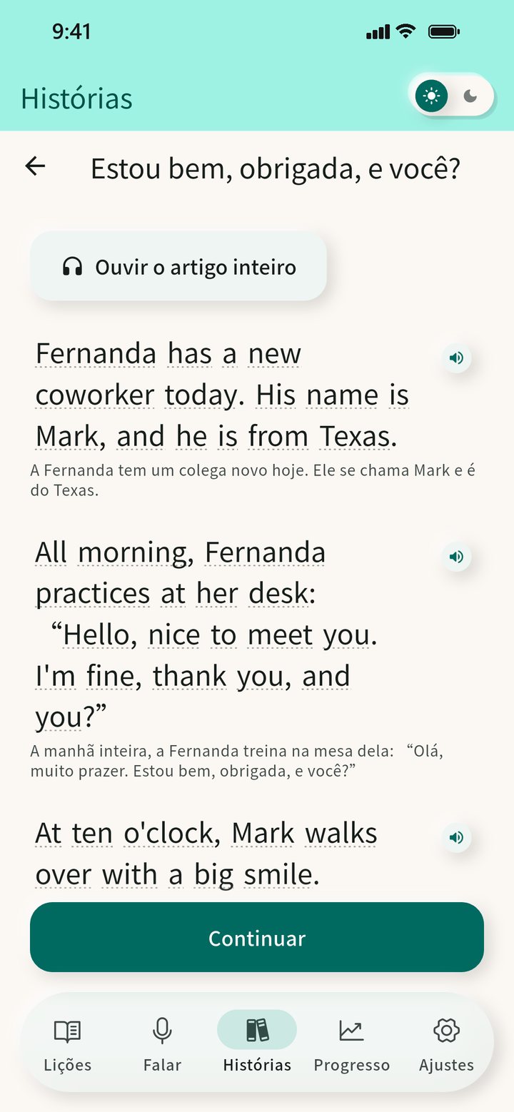 Uma história em inglês no CiaoSpeak: cada parágrafo em inglês com a tradução em português embaixo.