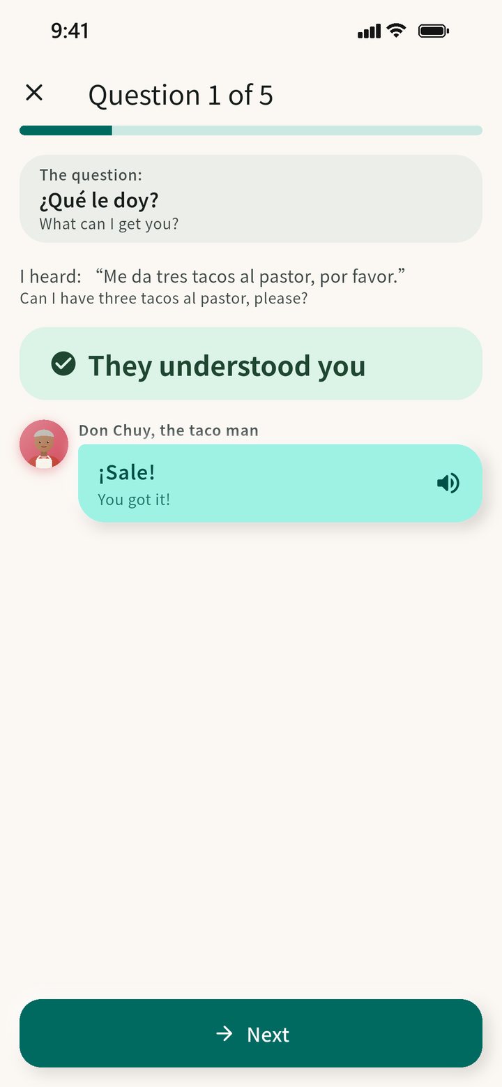 CiaoSpeak speaking practice: the taco man asks ¿Qué le doy?, the learner says Me da tres tacos al pastor, por favor., and the app shows They understood you.