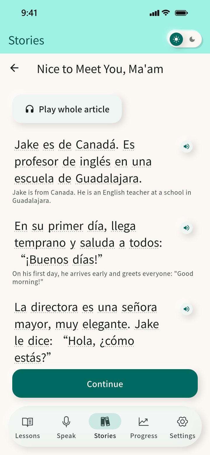 A Spanish story in CiaoSpeak: each paragraph in Spanish with its English translation underneath.