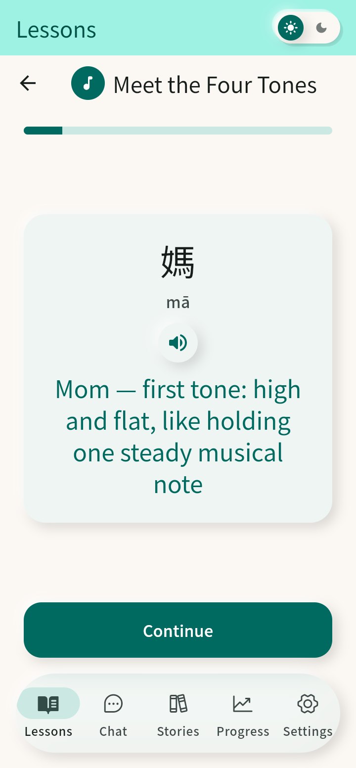 A flashcard teaching 媽 (mā): the character, its pinyin, tap-to-hear audio, and the tone explained as holding one steady musical note.