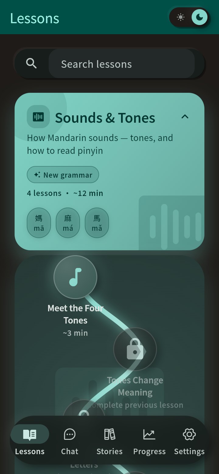 The Lessons tab in dark mode: the Sounds & Tones unit card glowing teal over a deep charcoal background.