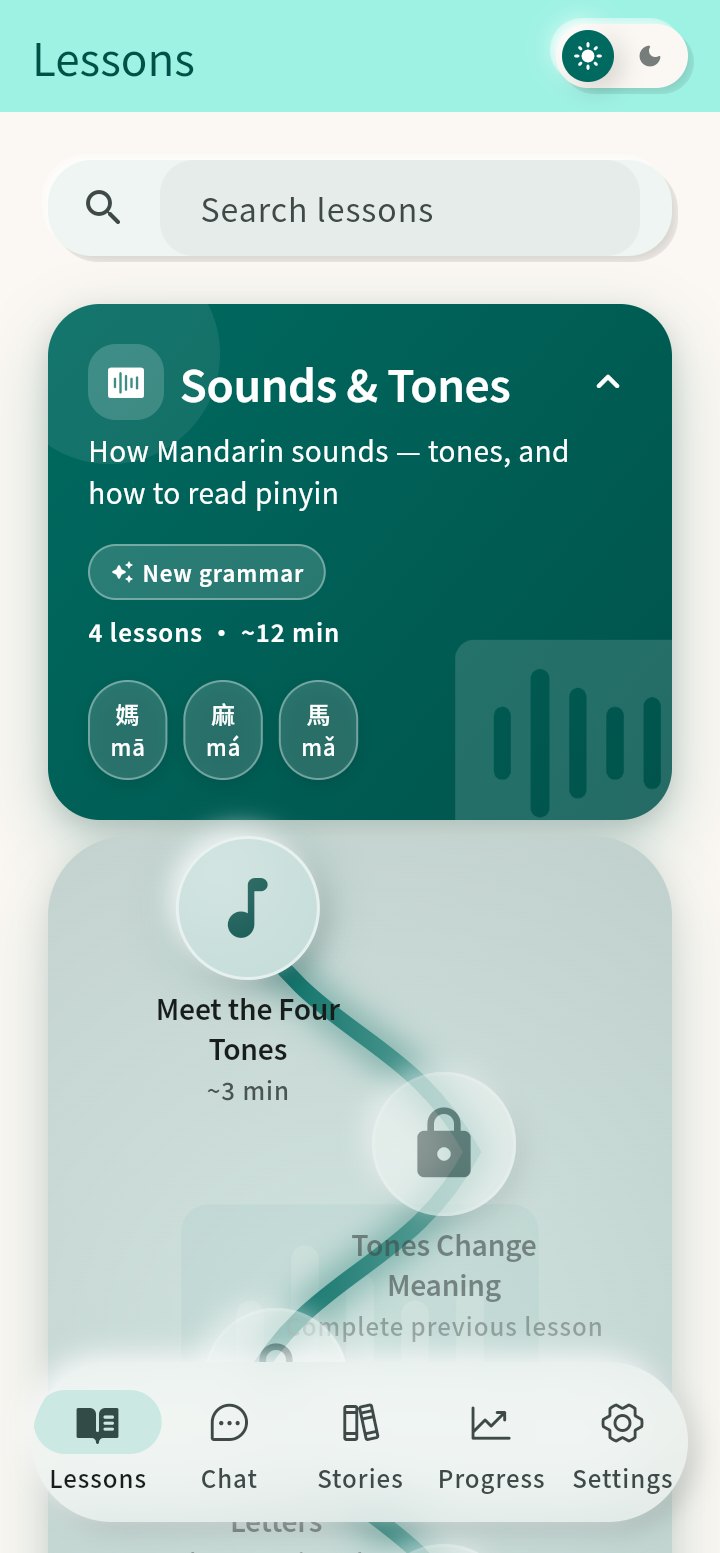 The Lessons tab: the Sounds & Tones intro unit expanded, with a winding trail of lessons and vocabulary preview chips showing 媽, 麻, and 馬.