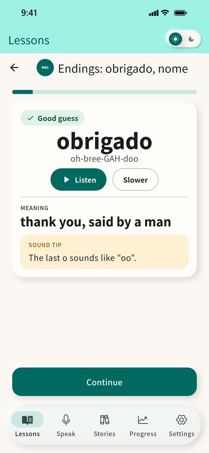 CiaoSpeak flashcard for the Portuguese word obrigado: respelling oh-bree-GAH-doo, meaning thank you, said by a man.