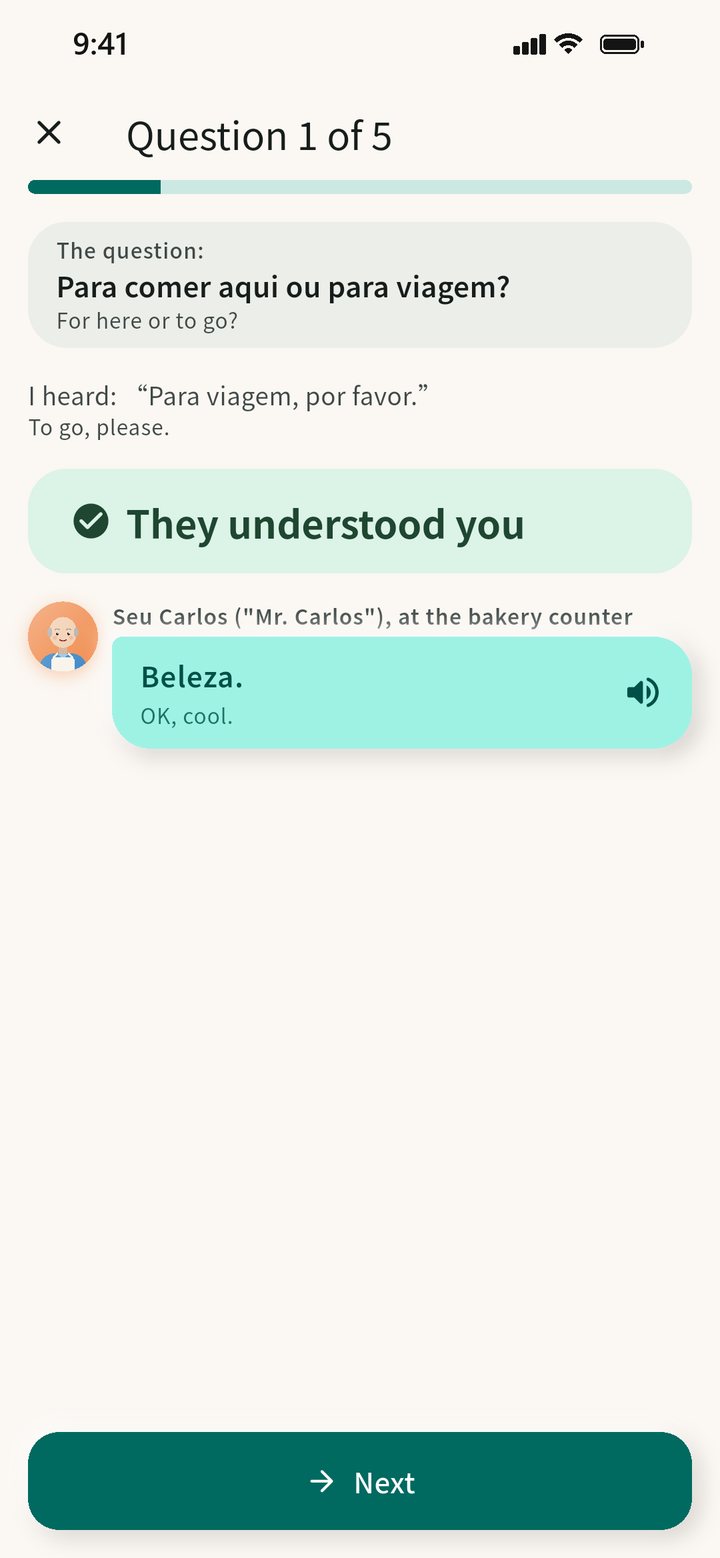 CiaoSpeak speaking practice: the baker asks Para comer aqui ou para viagem?, the learner says Para viagem, por favor., and the app shows They understood you.