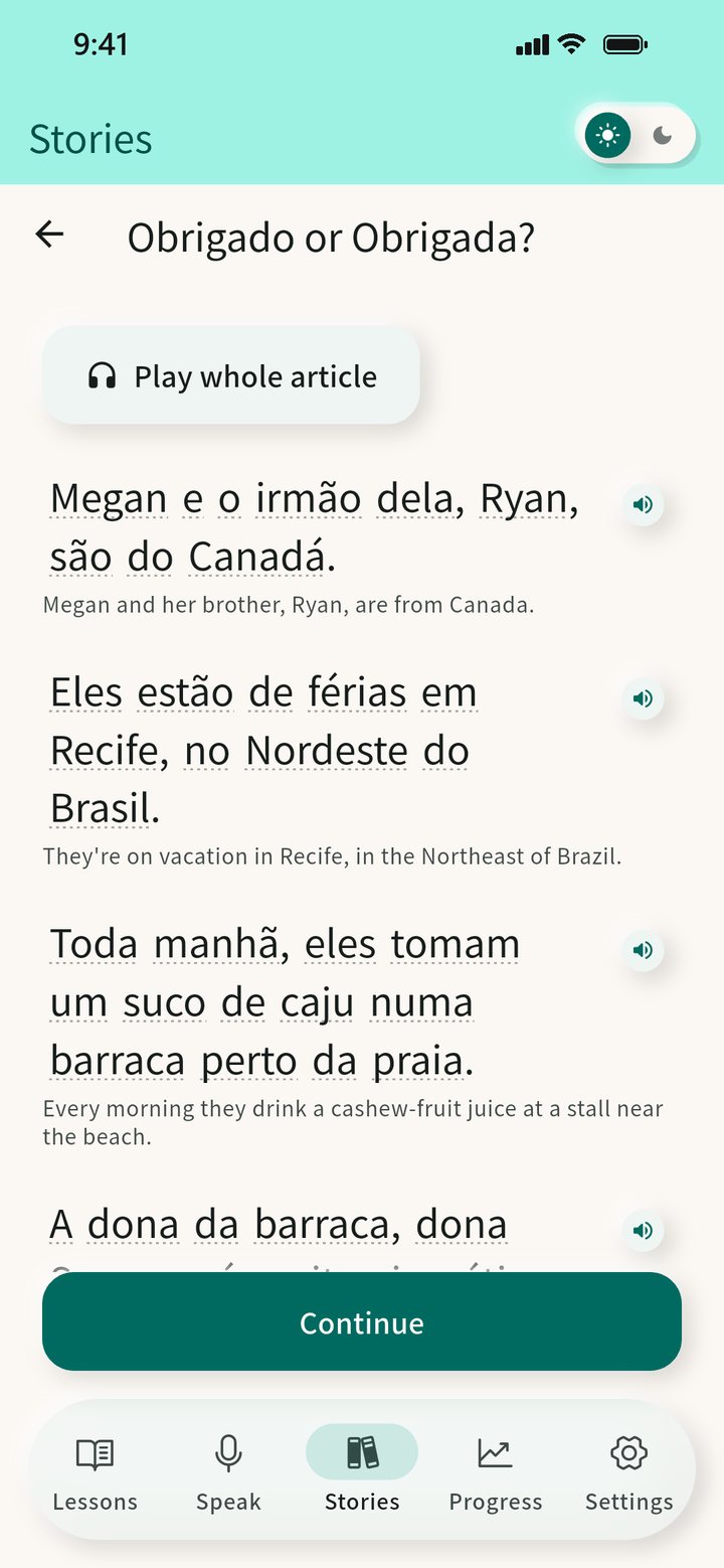 A Brazilian Portuguese story in CiaoSpeak: each paragraph in Portuguese with its English translation underneath.