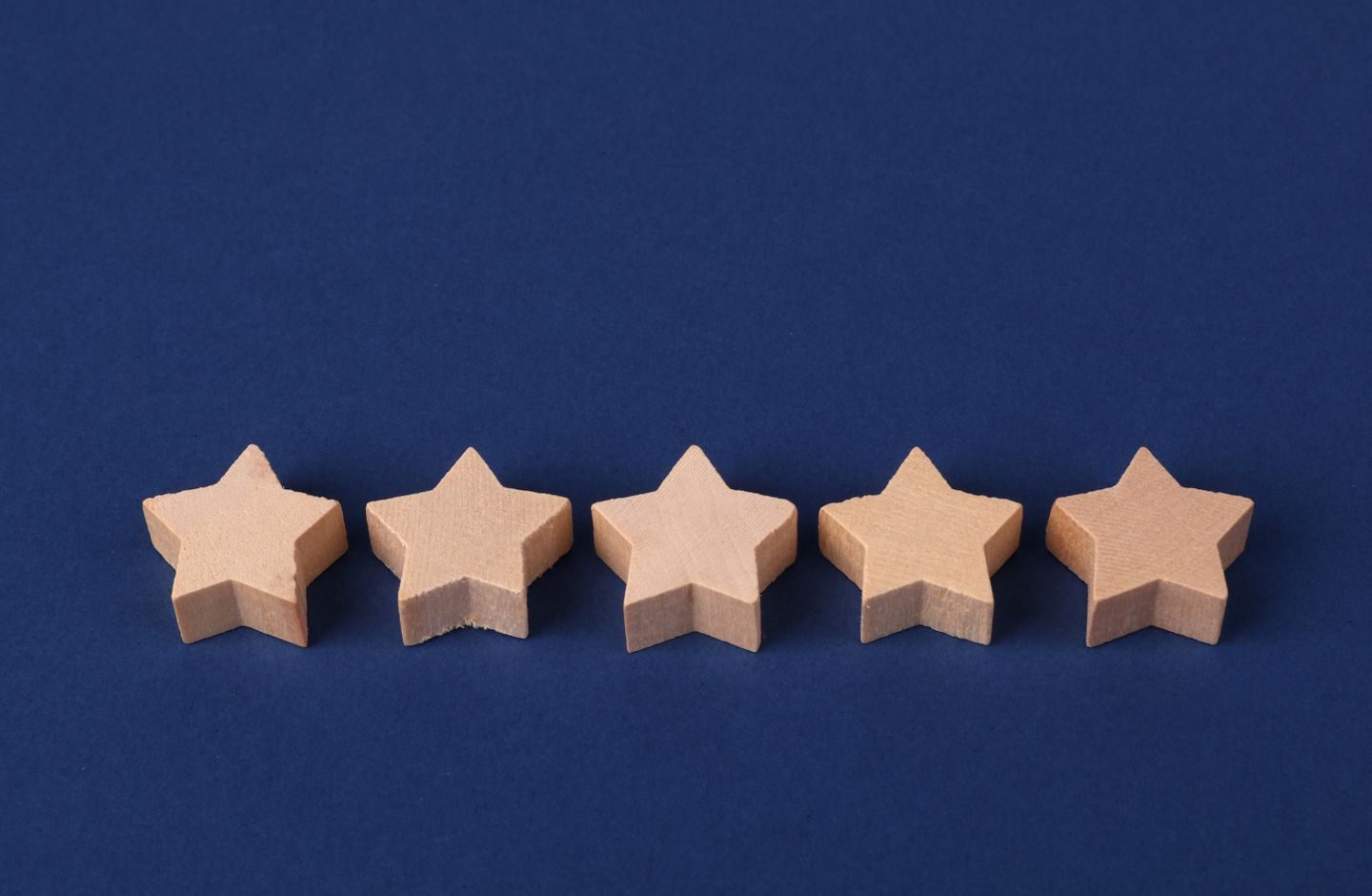 Five wooden star-shaped blocks arranged in a row, representing a five-star rating.