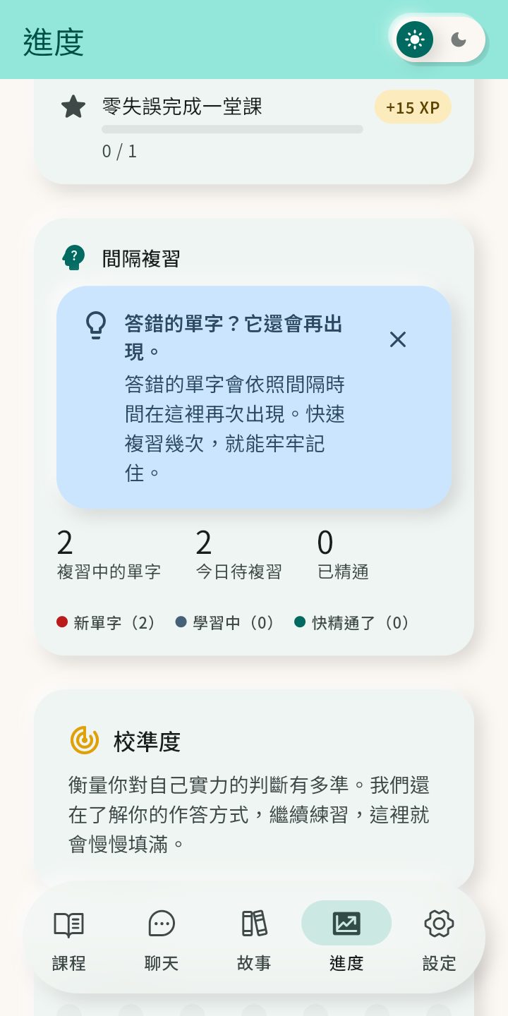 進度頁的間隔複習卡：答錯的單字會依照間隔時間再次出現。